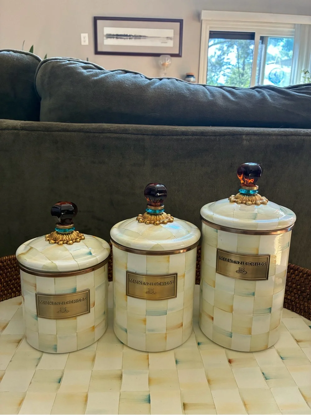 Original Mackenzie-Childs Parchment Check Canister Set with Amber Knobs 3 Piece